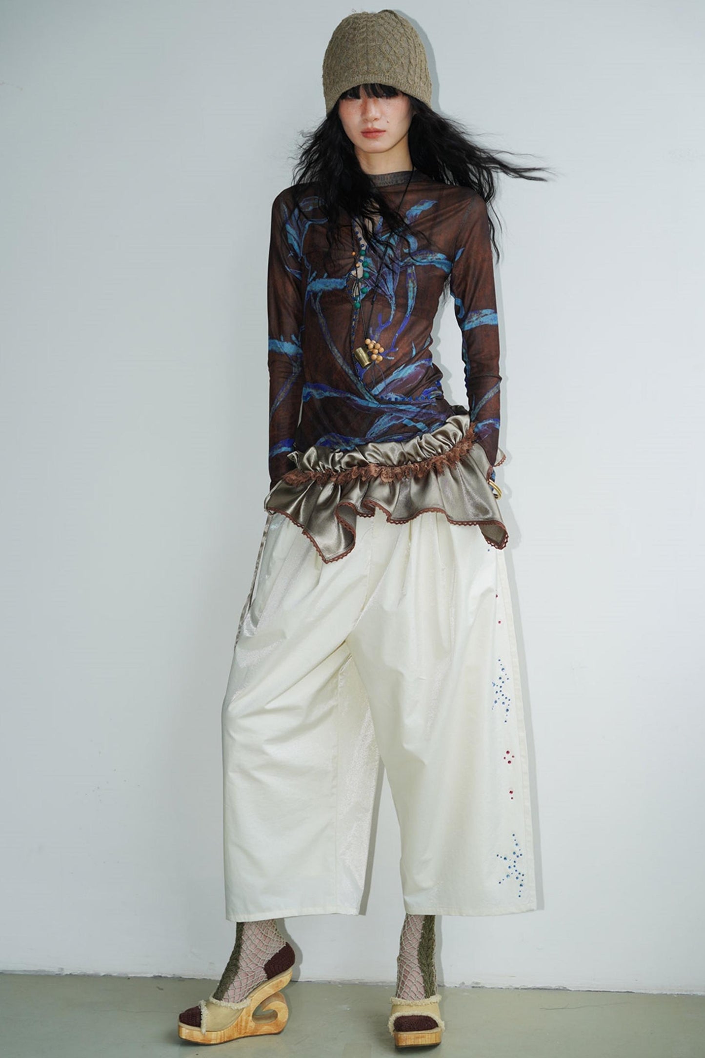 Chinese Mesh Cutout Long-Sleeved Top