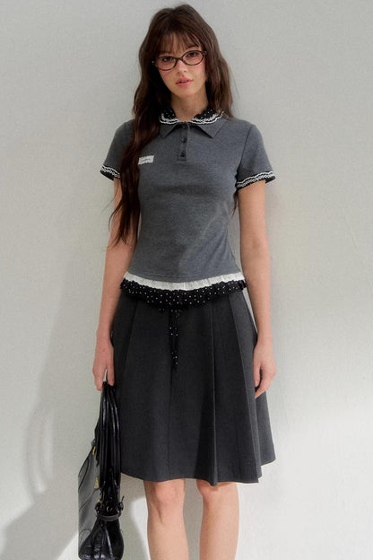 Polka Dot Gray Pleated Skirt