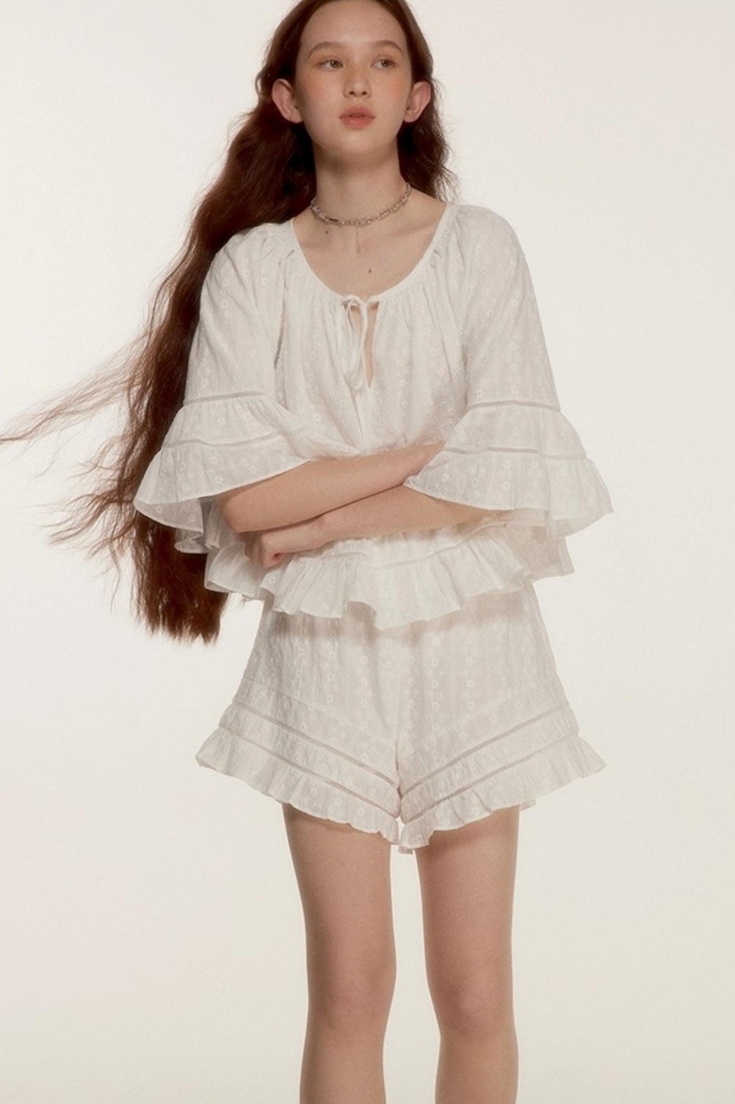 Noisy Flowers Embroidered Shirt Shorts Set-Up