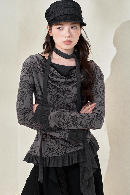 Swing Collar Ruffled Floral Lace Top