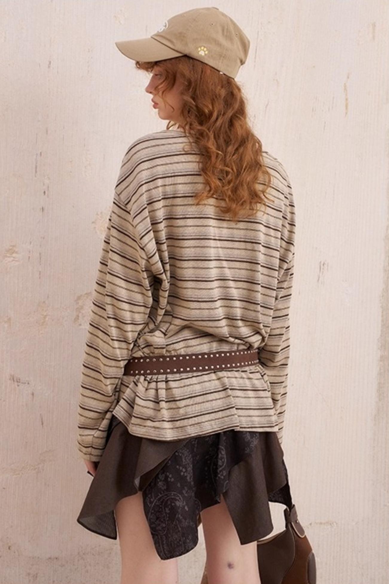 Vintage Brown Striped Loose T-Shirt