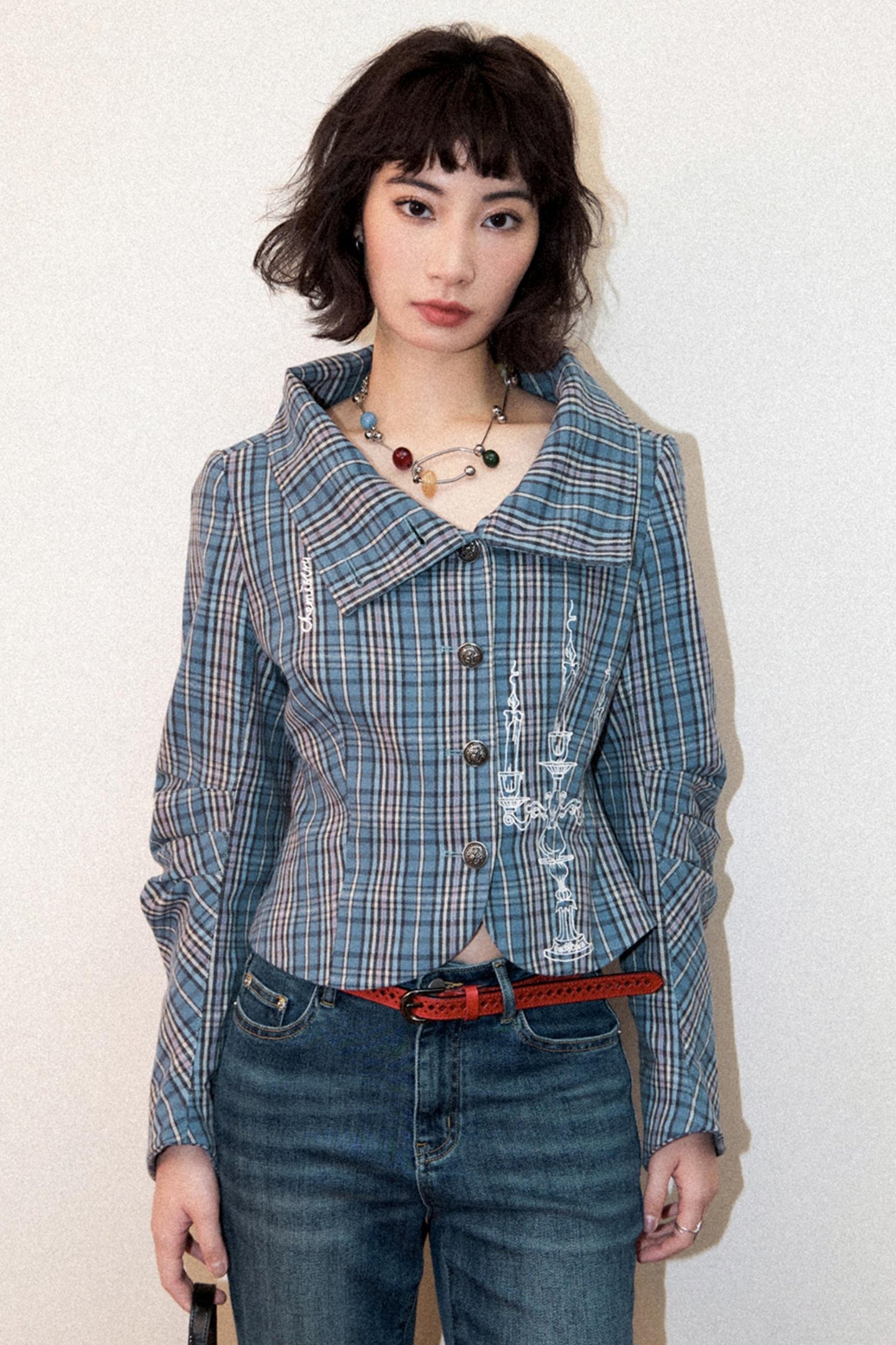 Plaid Embroidered Blazer Top