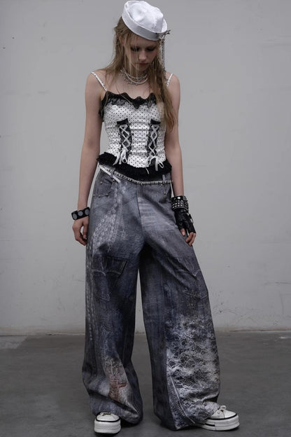 Printed Blue Wide-Leg Denim Pants