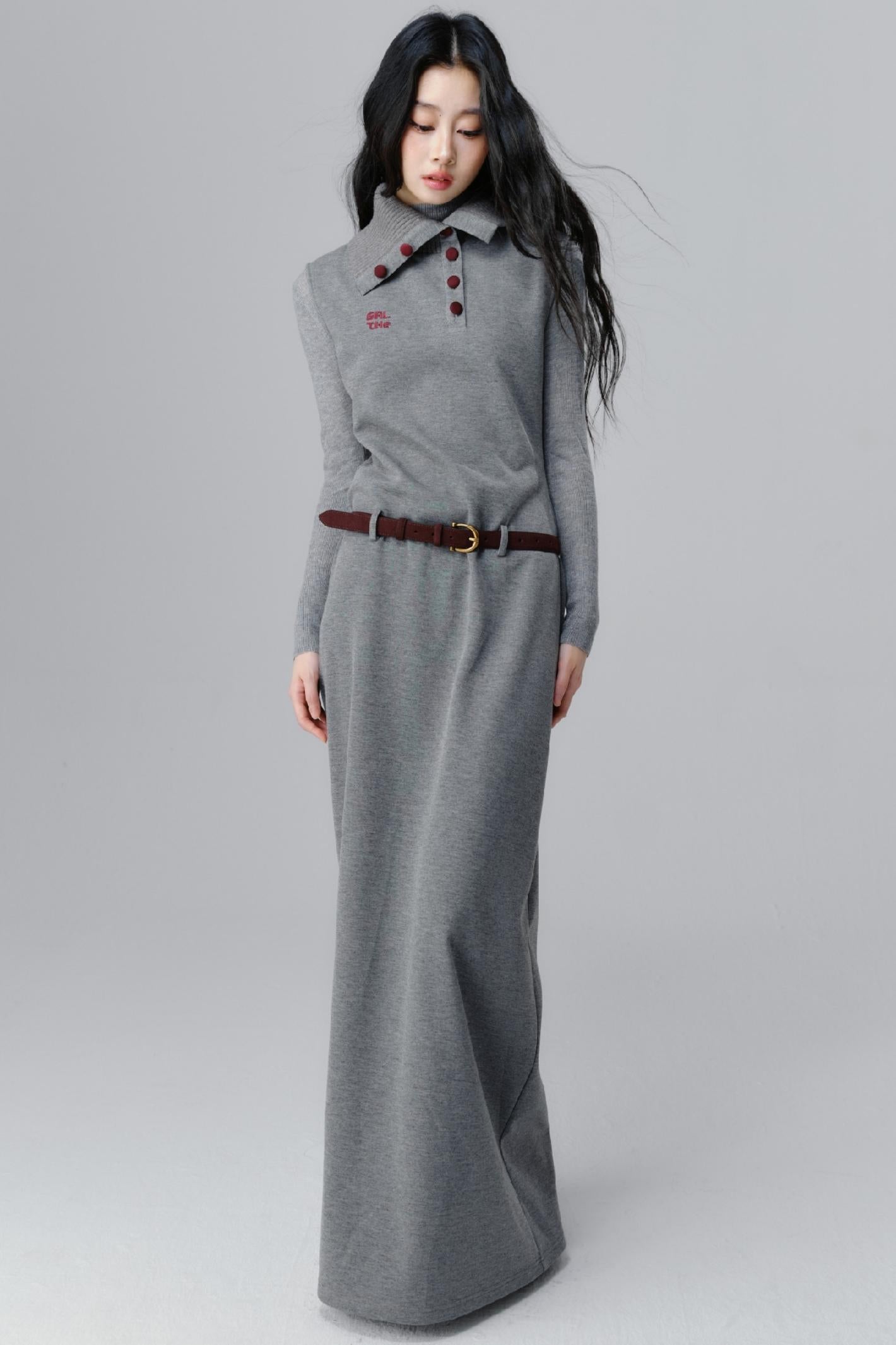 Polo Neck Gray Long Dress Set-up