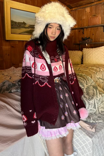 Fair Isle Strickjacke mit Erdbeermuster