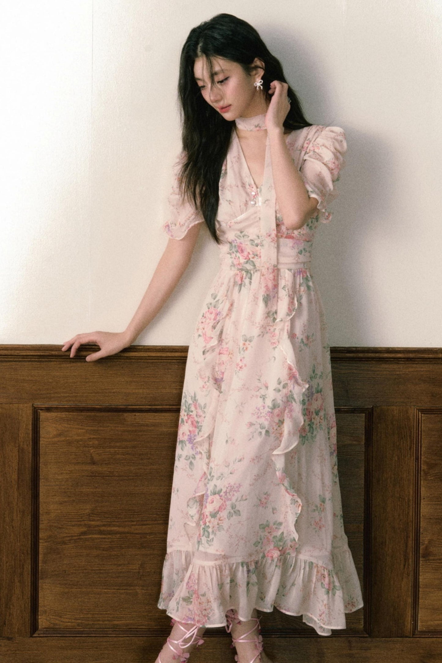 Pink Chiffon V-Neck Summer Dress