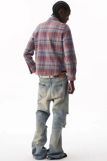 Exitmode Short Plaid Embroidered Shirt