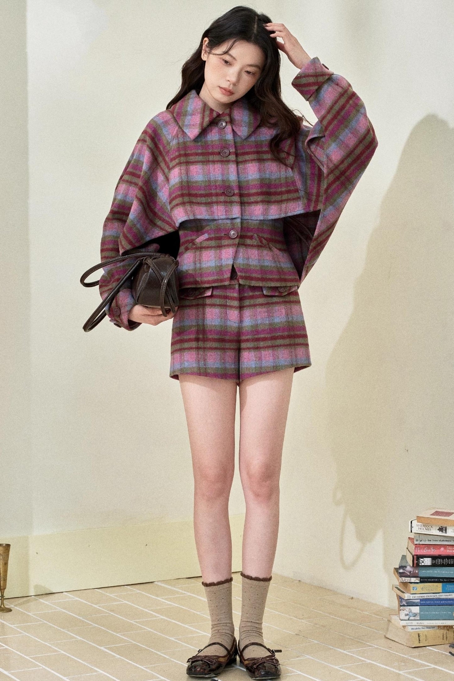 Pink-Purple Wool Plaid Cape Set-Up