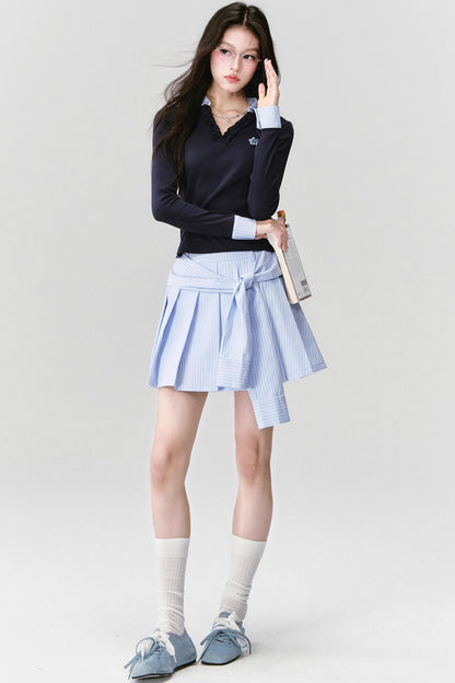 Love Letter Striped Pleated Skirt Set-Up