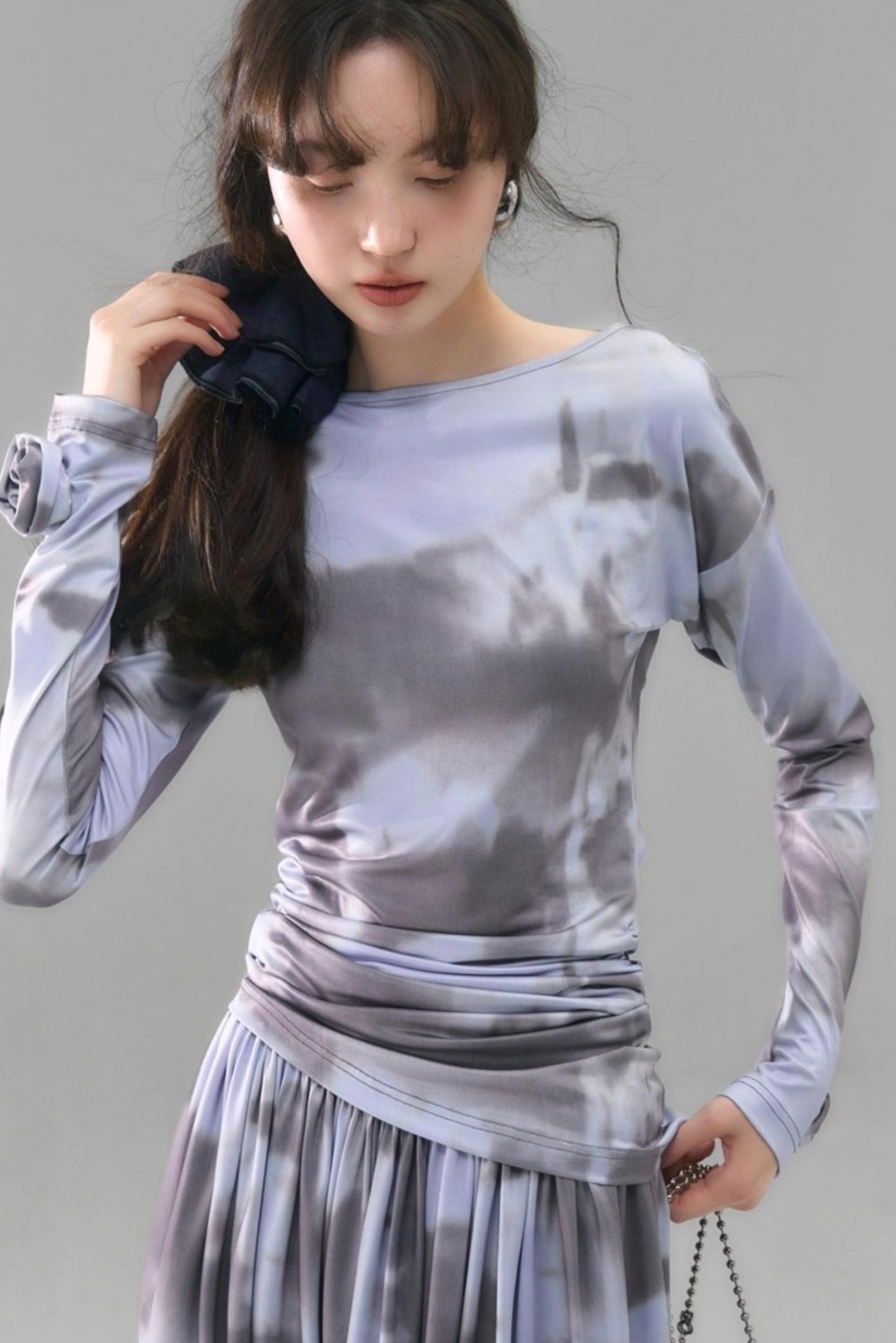 Poetic Swing Collar Print T-Shirt & Skirt Set-Up