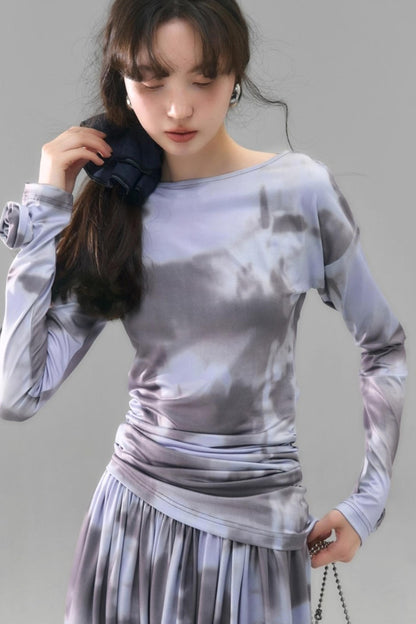 Poetic Swing Collar Print T-Shirt & Skirt Set-Up