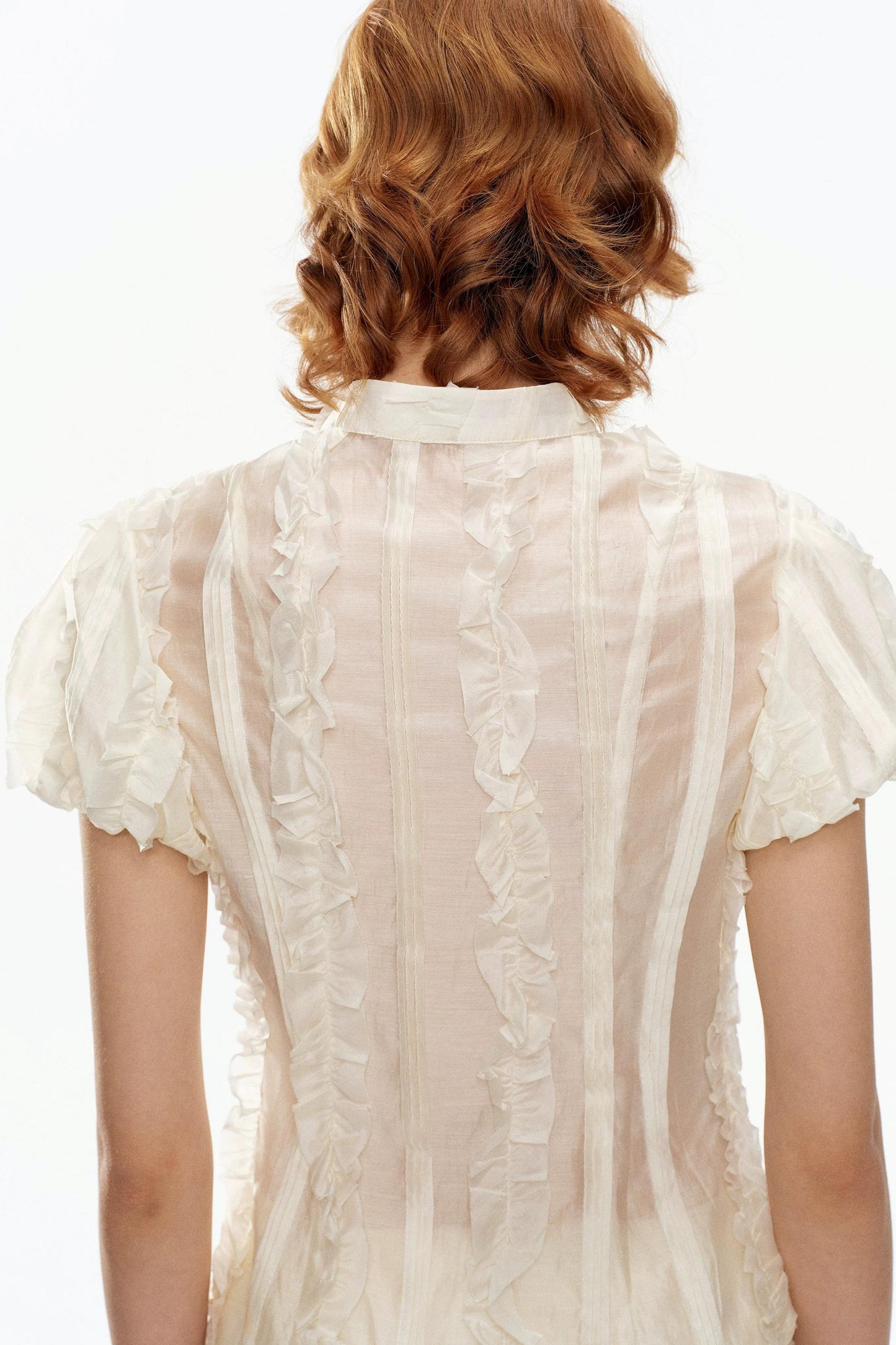Beige Jacquard Puff Sleeve Blouse