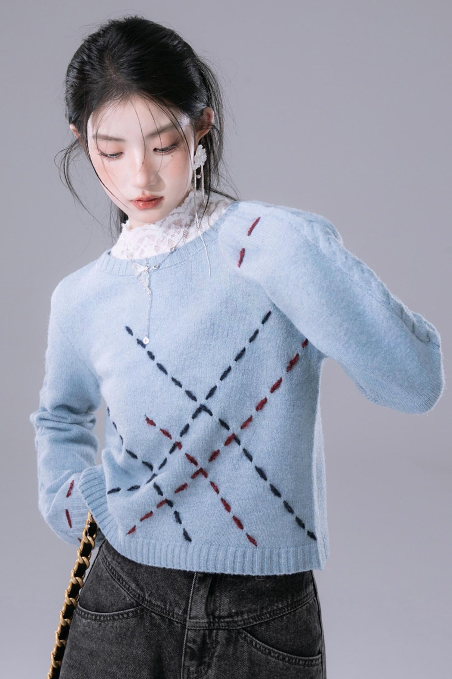 Sky Blue Contrasting Hand-Stitched Jumper Top