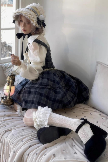 Gray Plaid Waist Cinched Herringbone Lace Bow Tie Dress Set-Up