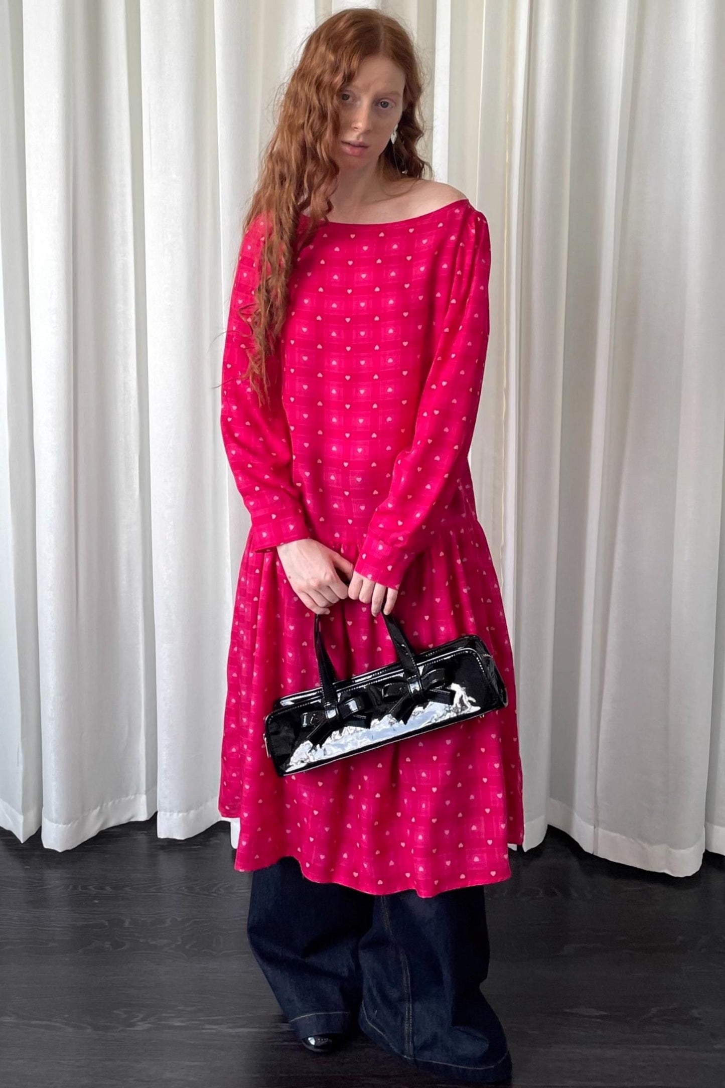 Smell Love Bow Rose Red Plaid Long Sleeve Dress