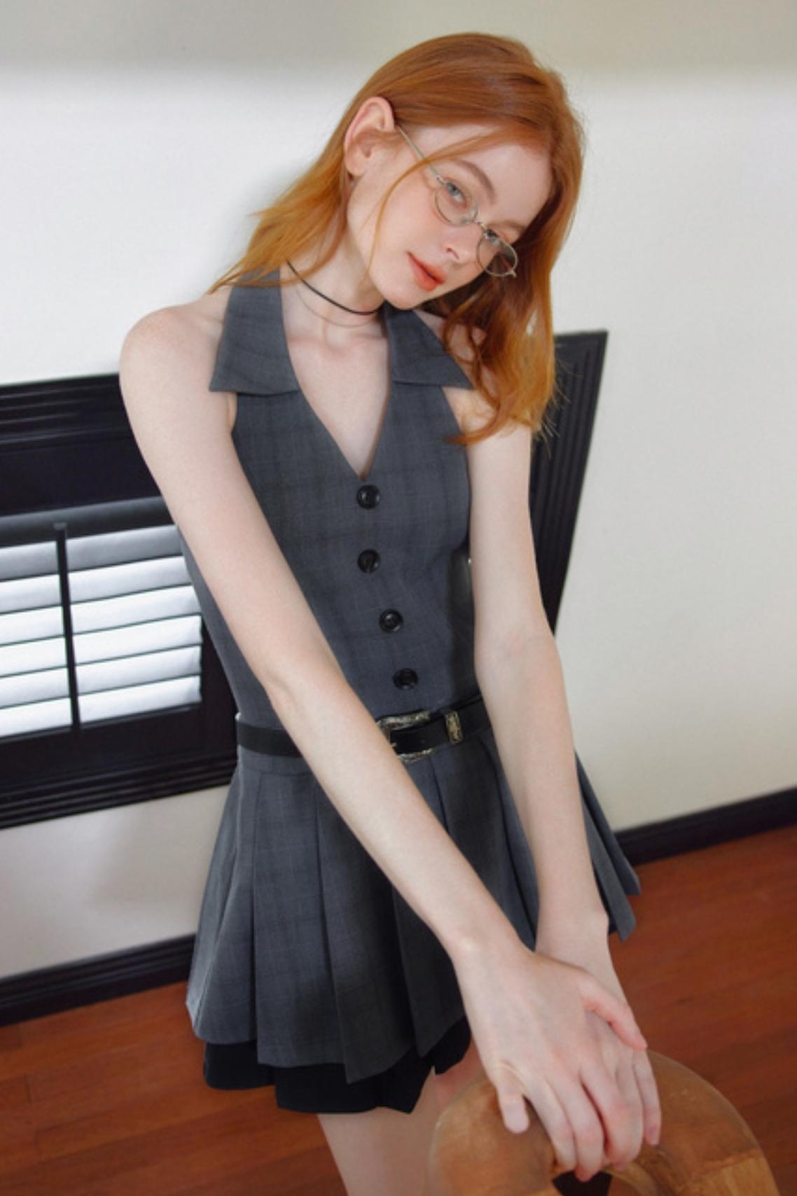 Vintage Gray V-Neck Layered Dress