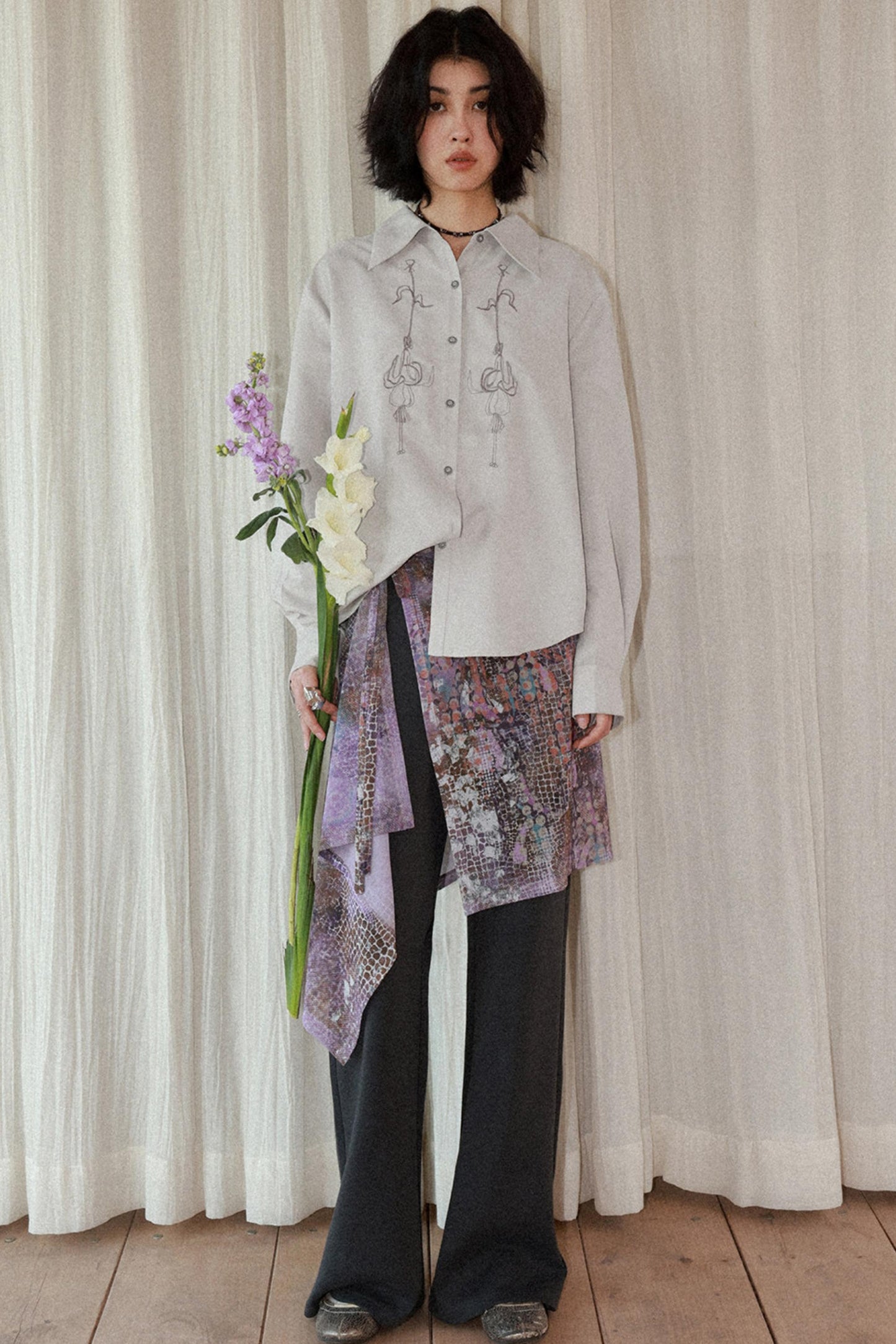 Suede Embroidered Lantern Shirt