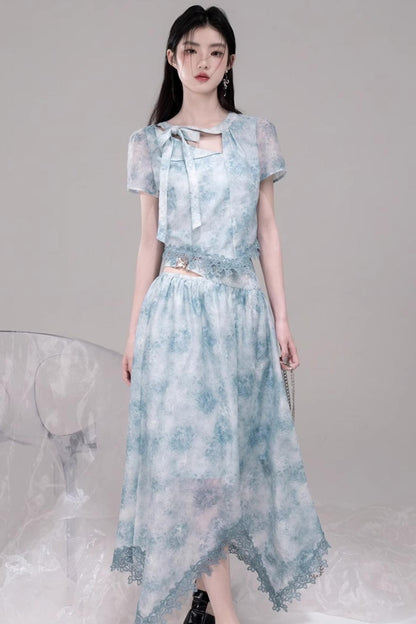 Blue Bow-Collar Shirt & Cutout Skirt Set