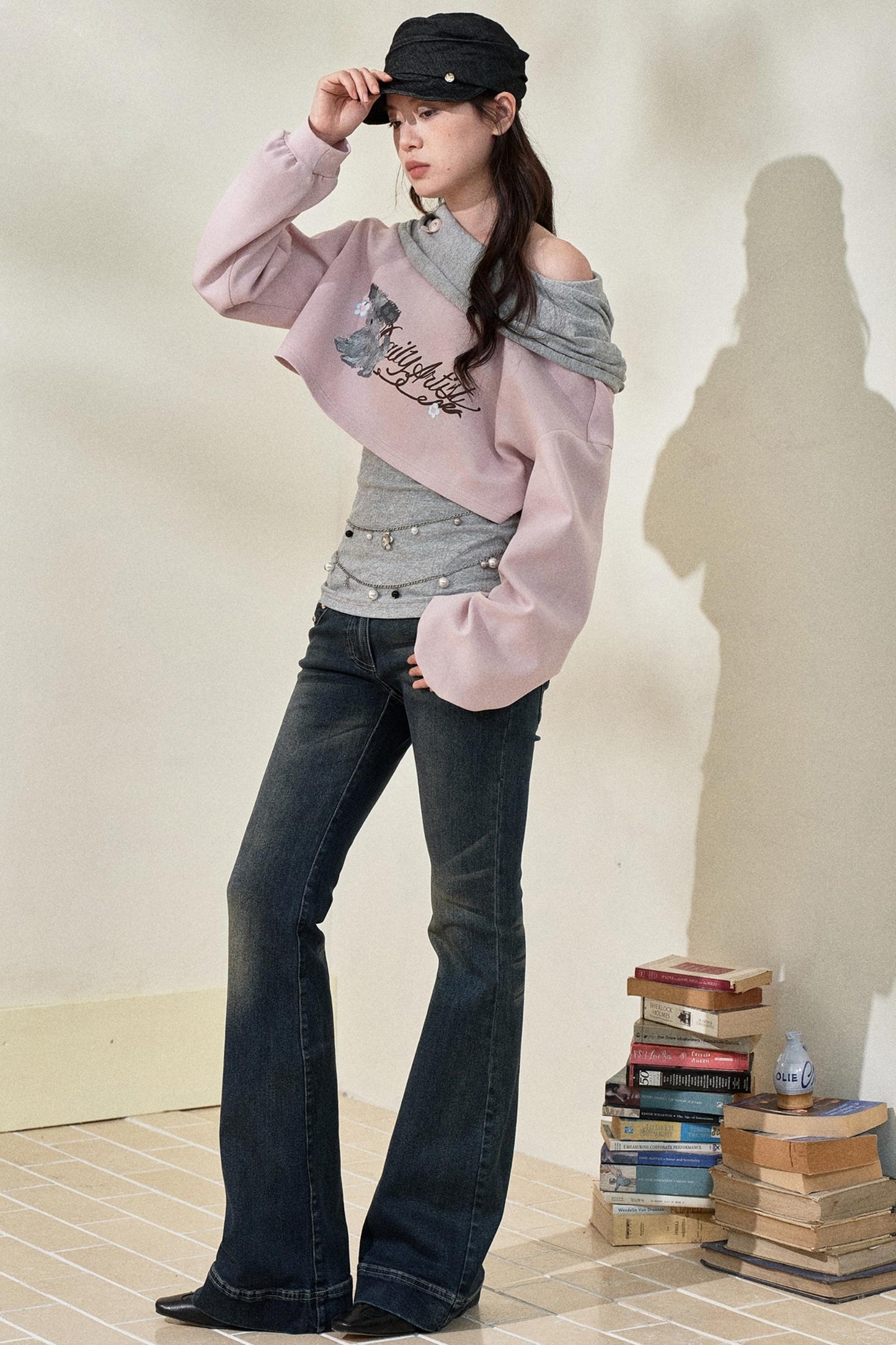 Pink Gray Fake Two Piece Hooded Top