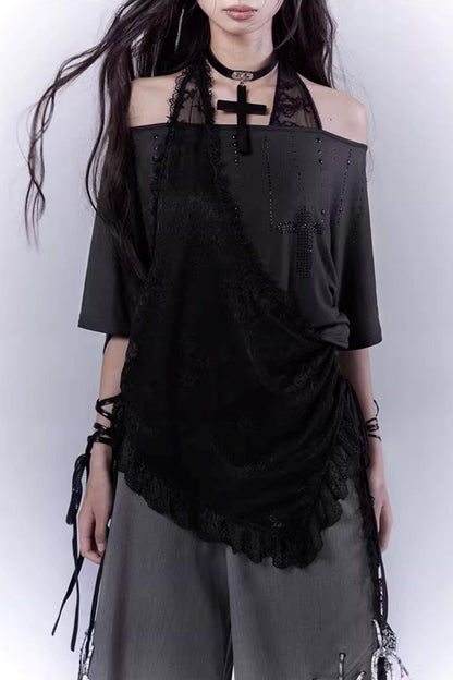 Black Lace-Trimmed Tee