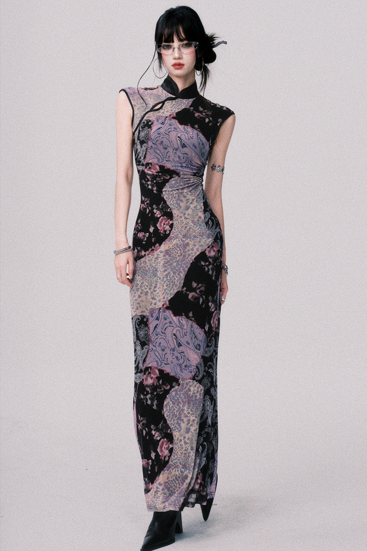 Smokey Purple Color-Blocked Cheongsam Dress