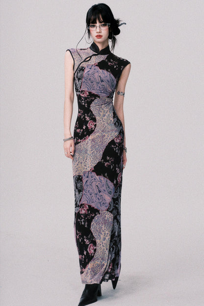 Smokey Purple Color-Blocked Cheongsam Dress