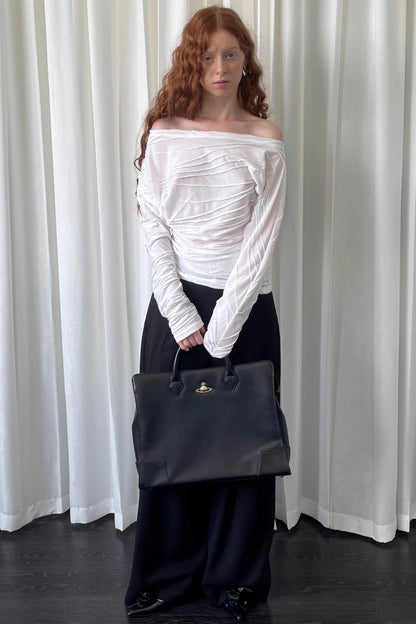 Pleated Slanted Shoulder Slimming Top