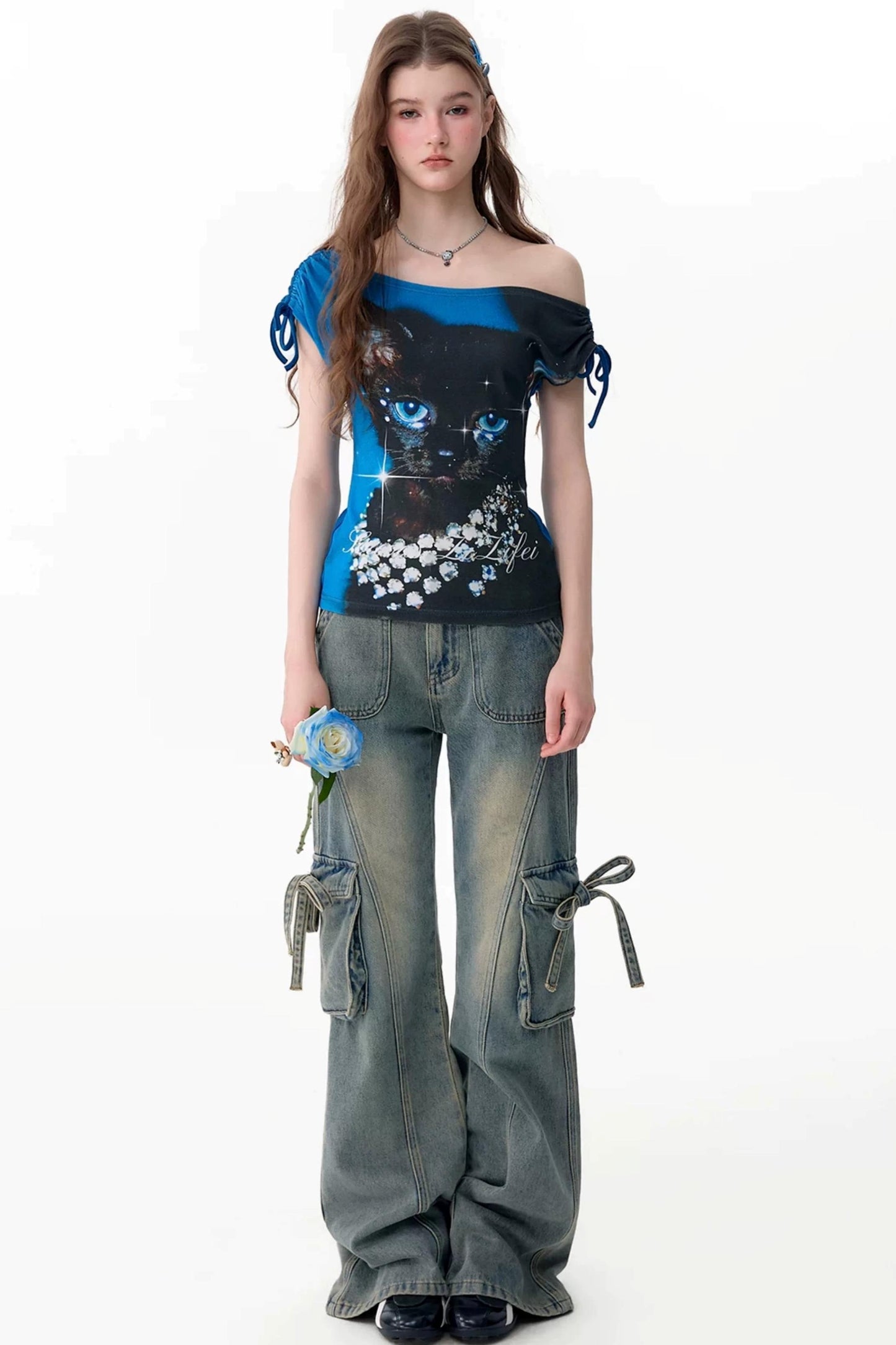 Blue Cat Print Short-Sleeved T-Shirt