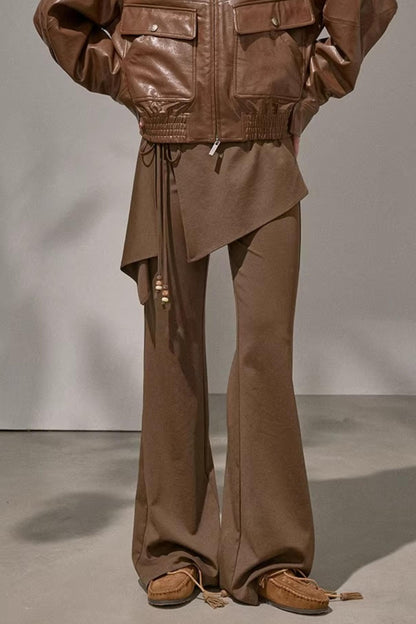 Vintage brown patchwork irregular flared pants with unique asymmetrical design