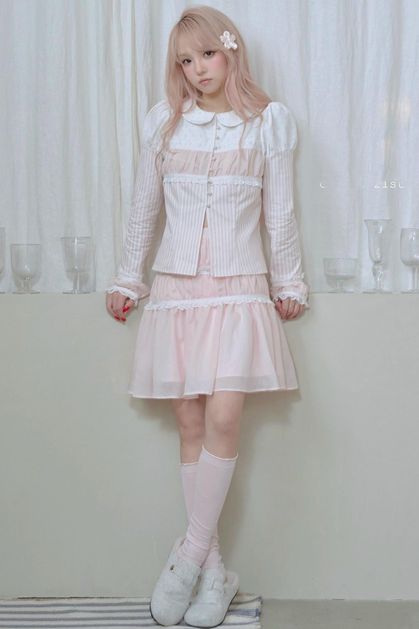 Doll Collar Stripe Lace Top