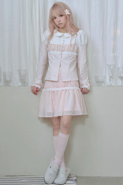 Doll Collar Stripe Lace Top