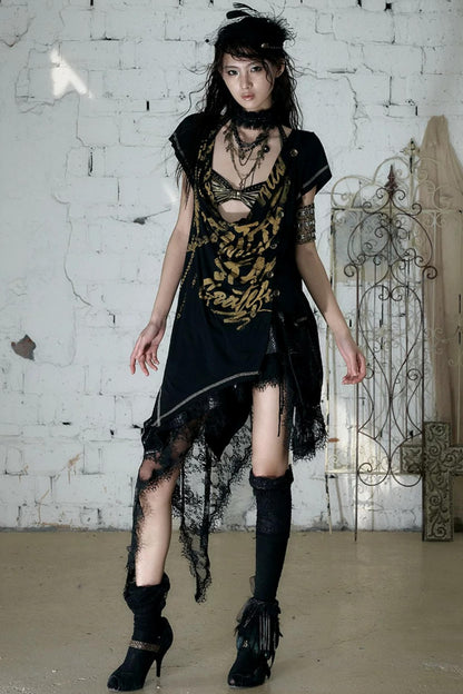 Punk Asymmetrical Neckline T-Shirt Set-Up