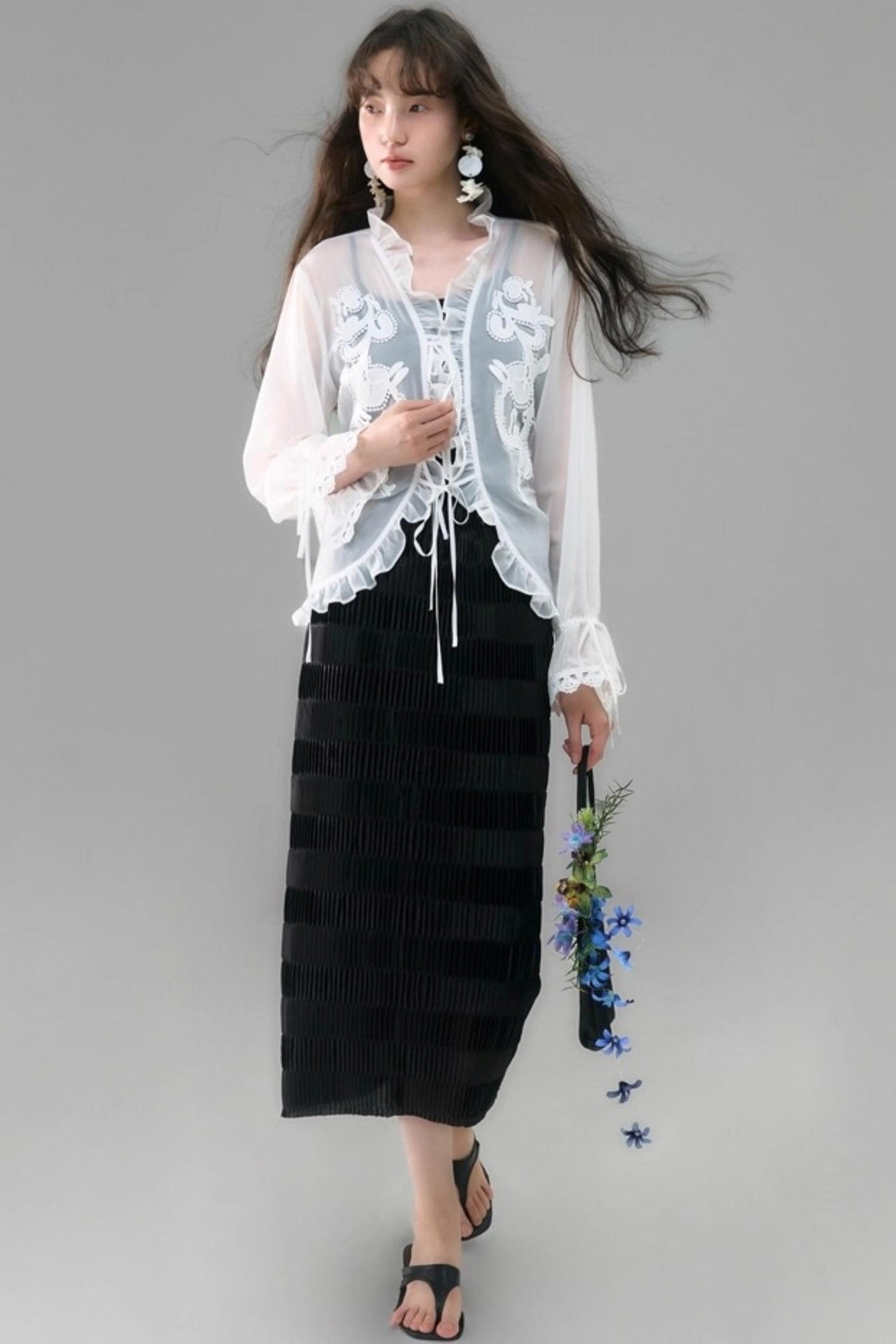 Autumn Lace-Up V-Neck Embroidered Shirt