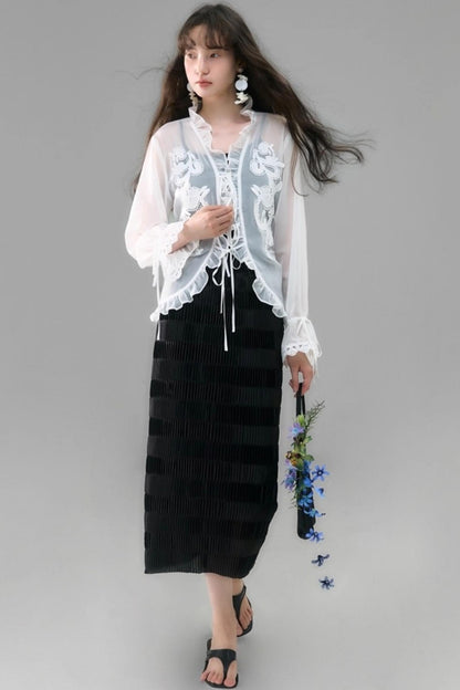 Autumn Lace-Up V-Neck Embroidered Shirt