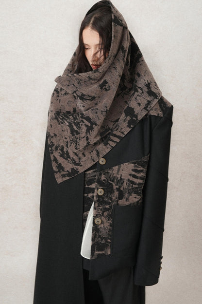 Velvet Panel V-neck Coat With Scarf Set-Up