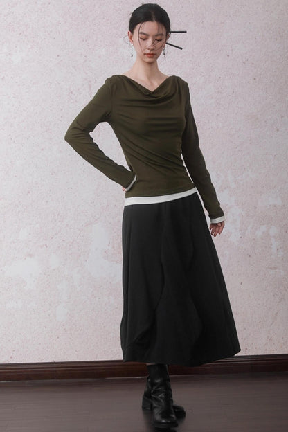 Tencel Lyocell Olive Green Swing Collar T-Shirt