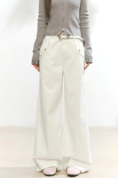 Small Flower Pocket White Jeans
