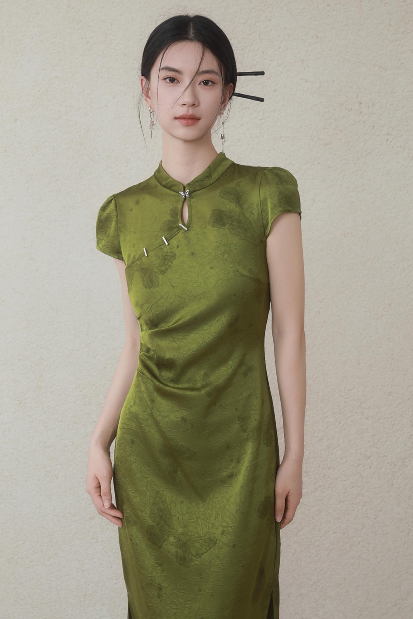 Summer Green Satin Cheongsam Dress