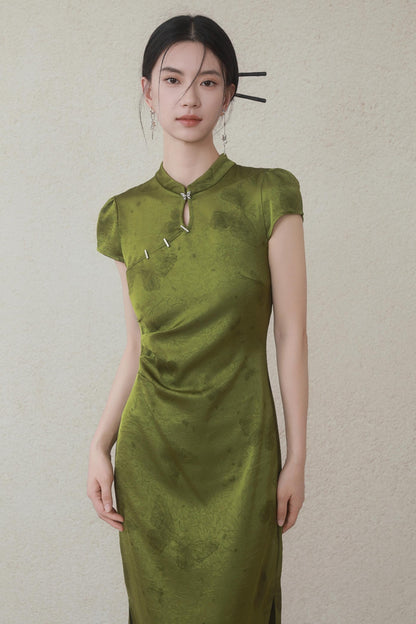 Summer Green Satin Cheongsam Dress