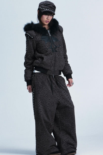 Leopard Print Plush Hooded Jacket Set-Up