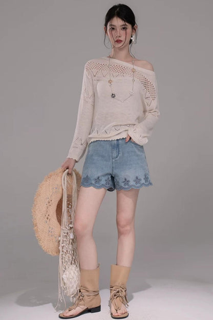 Laser Embroidery Denim Pants