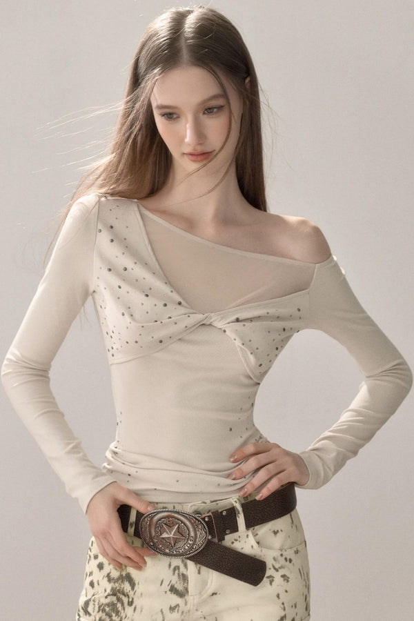 Rhinestone Twist Slim Blouse