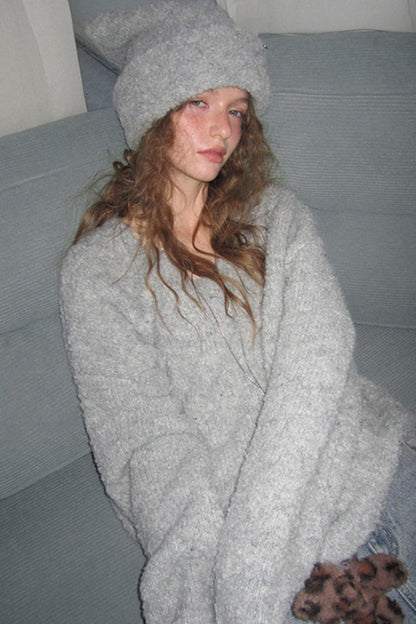 Gray Knit V-Neck Sweater Hat Set