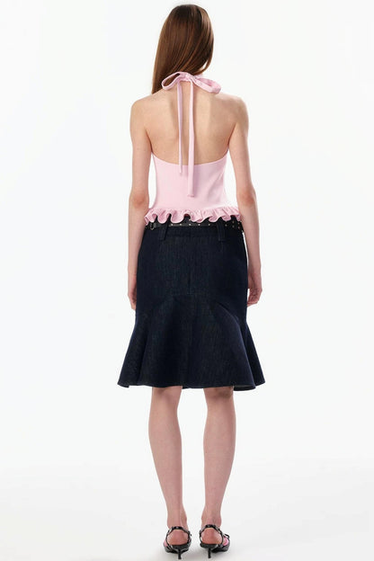 Ruffle Hem Halter Backless Top