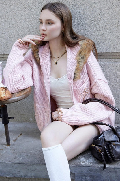 Fur Collar Cable Knit Cardigan