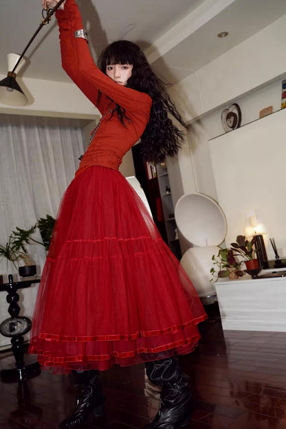 Autumn Mesh Puffy Long Skirt