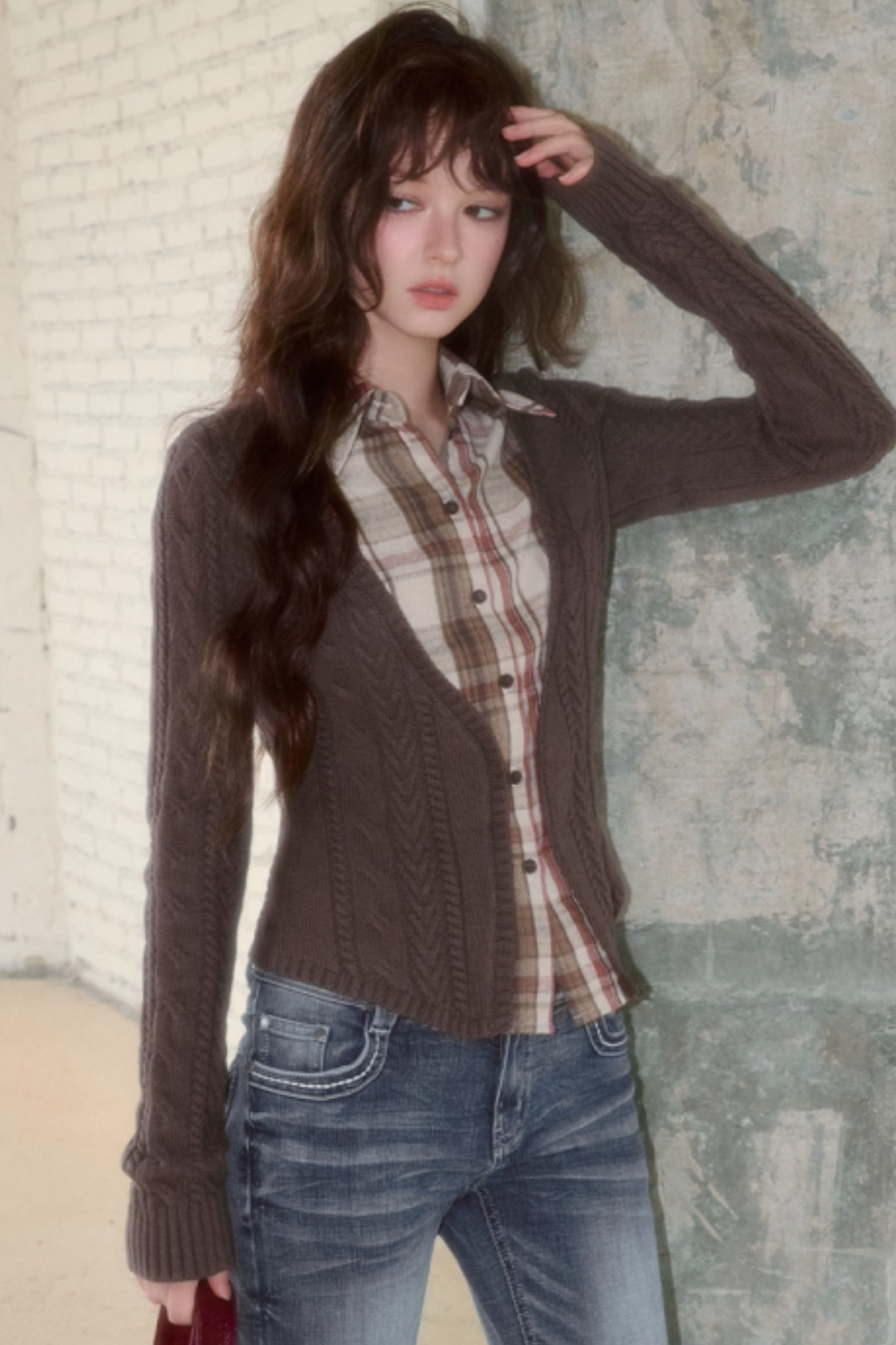 Plaid Splicing Fake Two-Piece Knit Sweater