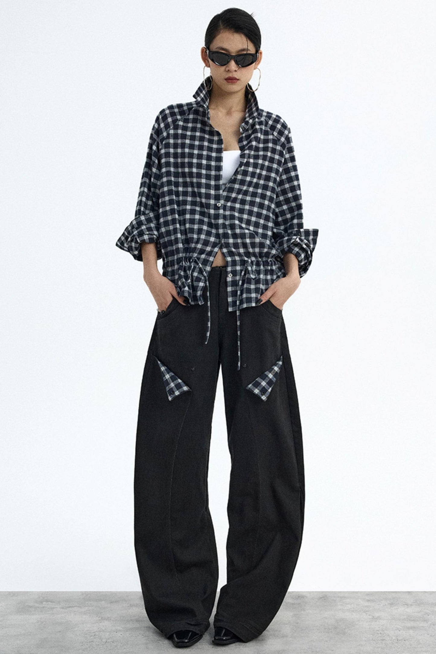 Navy Plaid Drawstring Top