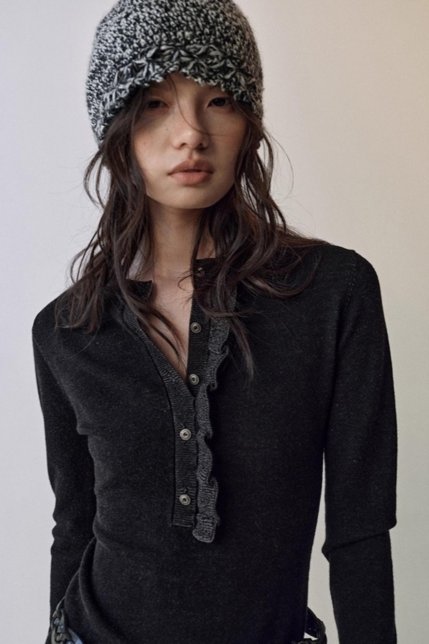 One-Sided Ruffled Crew Neck Knit Top