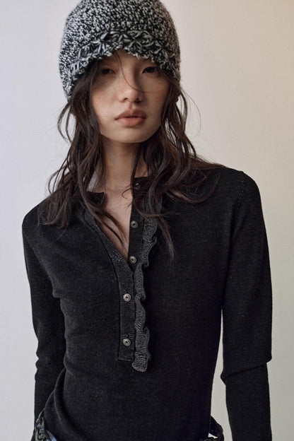 One-Sided Ruffled Crew Neck Knit Top